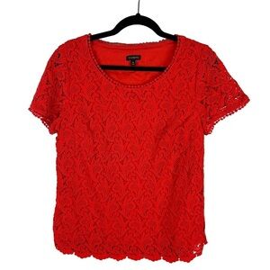 Talbots Lace Crochet Pom Cotton Short Sleeve Top Size 10 Vermilion